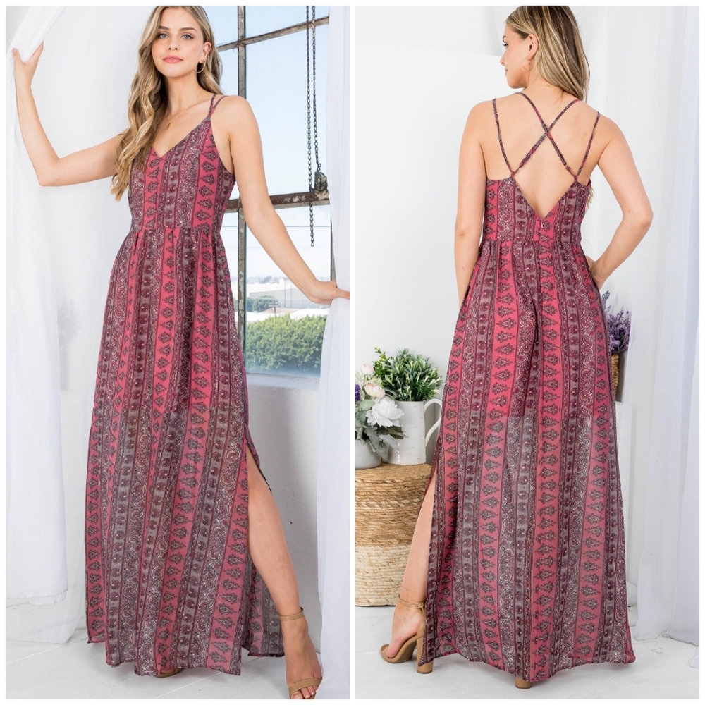 DOE & RAE Boho Chic Pink Cross Back Maxi Dress